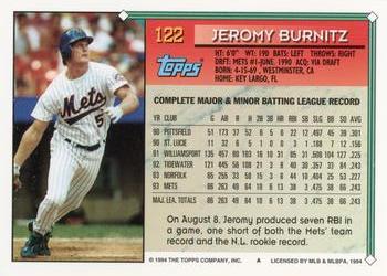 1994 Topps #122 Jeromy Burnitz Back