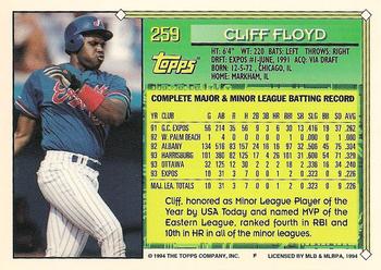 1994 Topps #259 Cliff Floyd Back