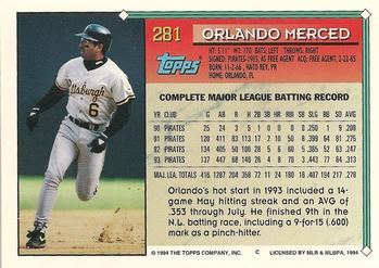 1994 Topps #281 Orlando Merced Back