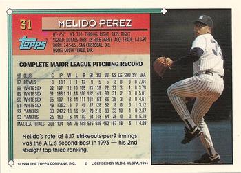 1994 Topps #31 Melido Perez Back