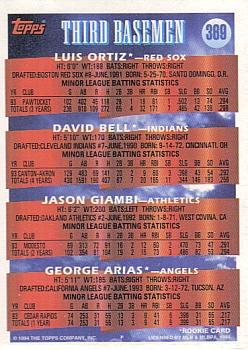 1994 Topps #369 3B Prospects (Luis Ortiz / David Bell / Jason Giambi / George Arias) Back