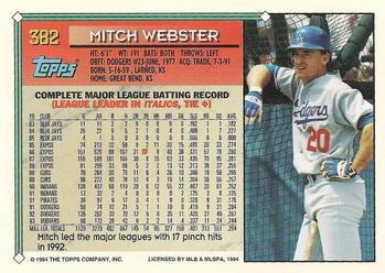 1994 Topps #382 Mitch Webster Back