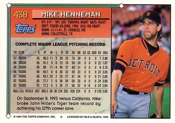 1994 Topps #438 Mike Henneman Back