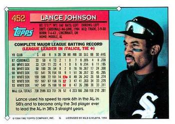1994 Topps #452 Lance Johnson Back