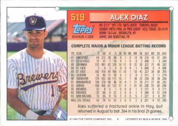 1994 Topps #519 Alex Diaz Back