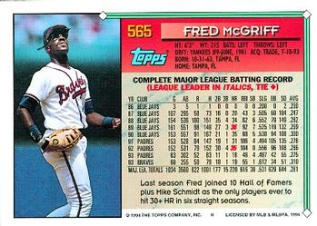 1994 Topps #565 Fred McGriff Back