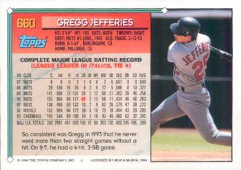 1994 Topps #660 Gregg Jefferies Back