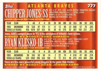 1994 Topps #777 Chipper Jones / Ryan Klesko Back