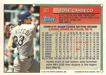 1994 Topps #80 Jose Canseco Back