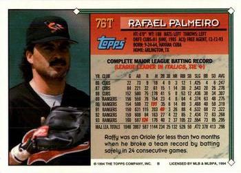 1994 Topps Traded #76T Rafael Palmeiro Back