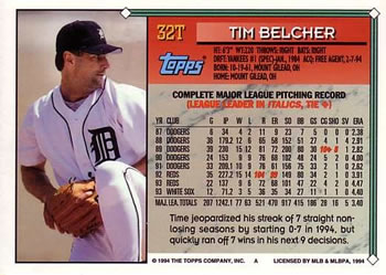 1994 Topps Traded #32T Tim Belcher Back