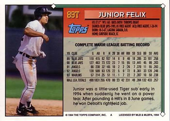 1994 Topps Traded #89T Junior Felix Back