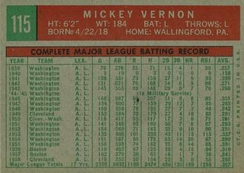 1959 Topps #115 Mickey Vernon Back
