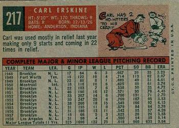 1959 Topps #217 Carl Erskine Back