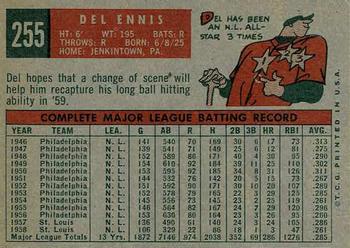 1959 Topps #255 Del Ennis Back