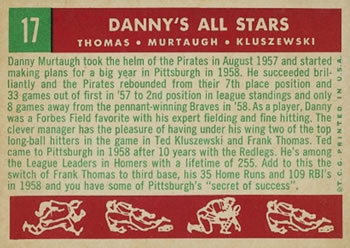 1959 Topps #17 Danny's All Stars (Frank Thomas / Danny Murtaugh / Ted Kluszewski) Back