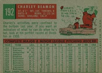 1959 Topps #192 Charley Beamon Back