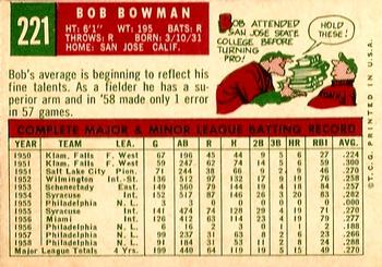 1959 Topps #221 Bob Bowman Back