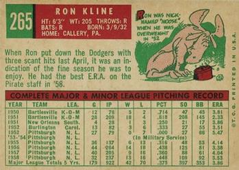 1959 Topps #265 Ron Kline Back