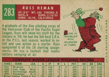 1959 Topps #283 Russ Heman Back