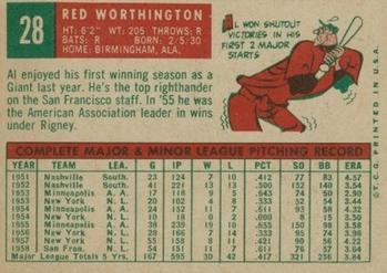 1959 Topps #28 Red Worthington Back