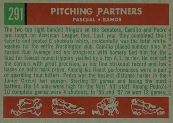1959 Topps #291 Pitching Partners (Pedro Ramos / Camilo Pascual) Back