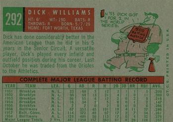 1959 Topps #292 Dick Williams Back