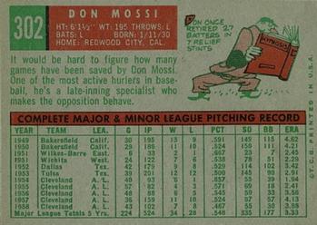 1959 Topps #302 Don Mossi Back