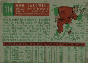1959 Topps #314 Don Cardwell Back