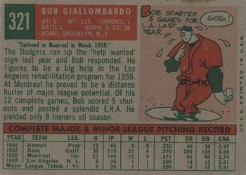 1959 Topps #321 Bob Giallombardo Back
