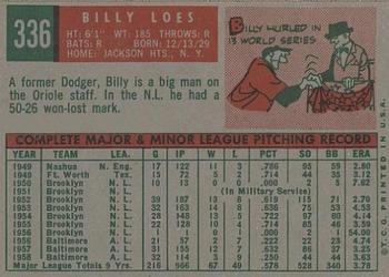 1959 Topps #336 Billy Loes Back
