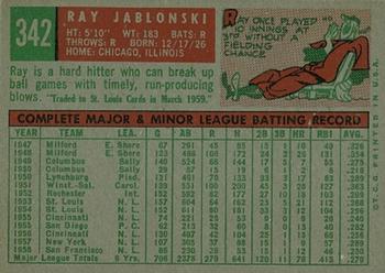 1959 Topps #342 Ray Jablonski Back