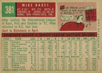 1959 Topps #381 Mike Baxes Back