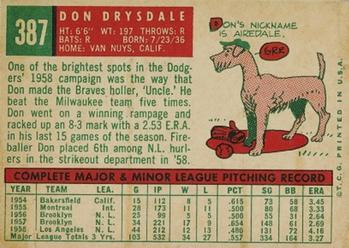 1959 Topps #387 Don Drysdale Back