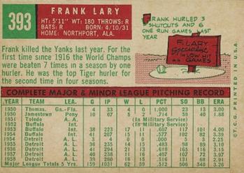 1959 Topps #393 Frank Lary Back