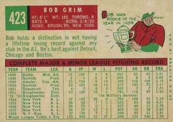 1959 Topps #423 Bob Grim Back