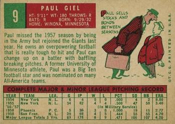 1959 Topps #9 Paul Giel Back