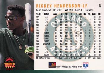1994 Triple Play #4 Rickey Henderson Back