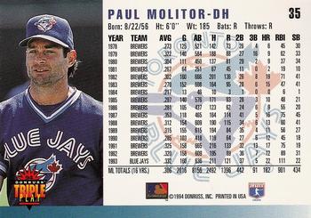1994 Triple Play #35 Paul Molitor Back