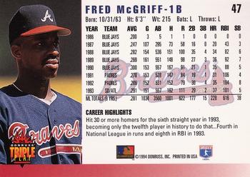 1994 Triple Play #47 Fred McGriff Back