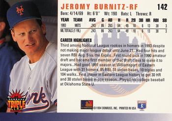 1994 Triple Play #142 Jeromy Burnitz Back