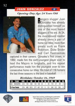 1994 Upper Deck #52 Juan Gonzalez Back