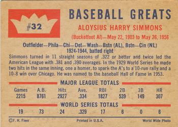 1960 Fleer Baseball Greats #32 Al Simmons Back
