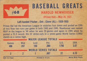 1960 Fleer Baseball Greats #68 Hal Newhouser Back