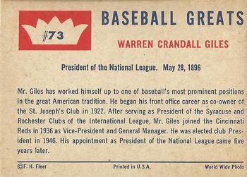 1960 Fleer Baseball Greats #73 Warren Giles Back