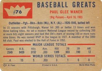 1960 Fleer Baseball Greats #76 Paul Waner Back