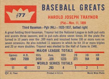 1960 Fleer Baseball Greats #77 Pie Traynor Back