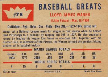 1960 Fleer Baseball Greats #78 Lloyd Waner Back