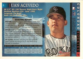 1995 Bowman #6 Juan Acevedo Back