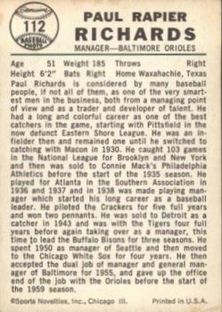 1960 Leaf #112 Paul Richards Back